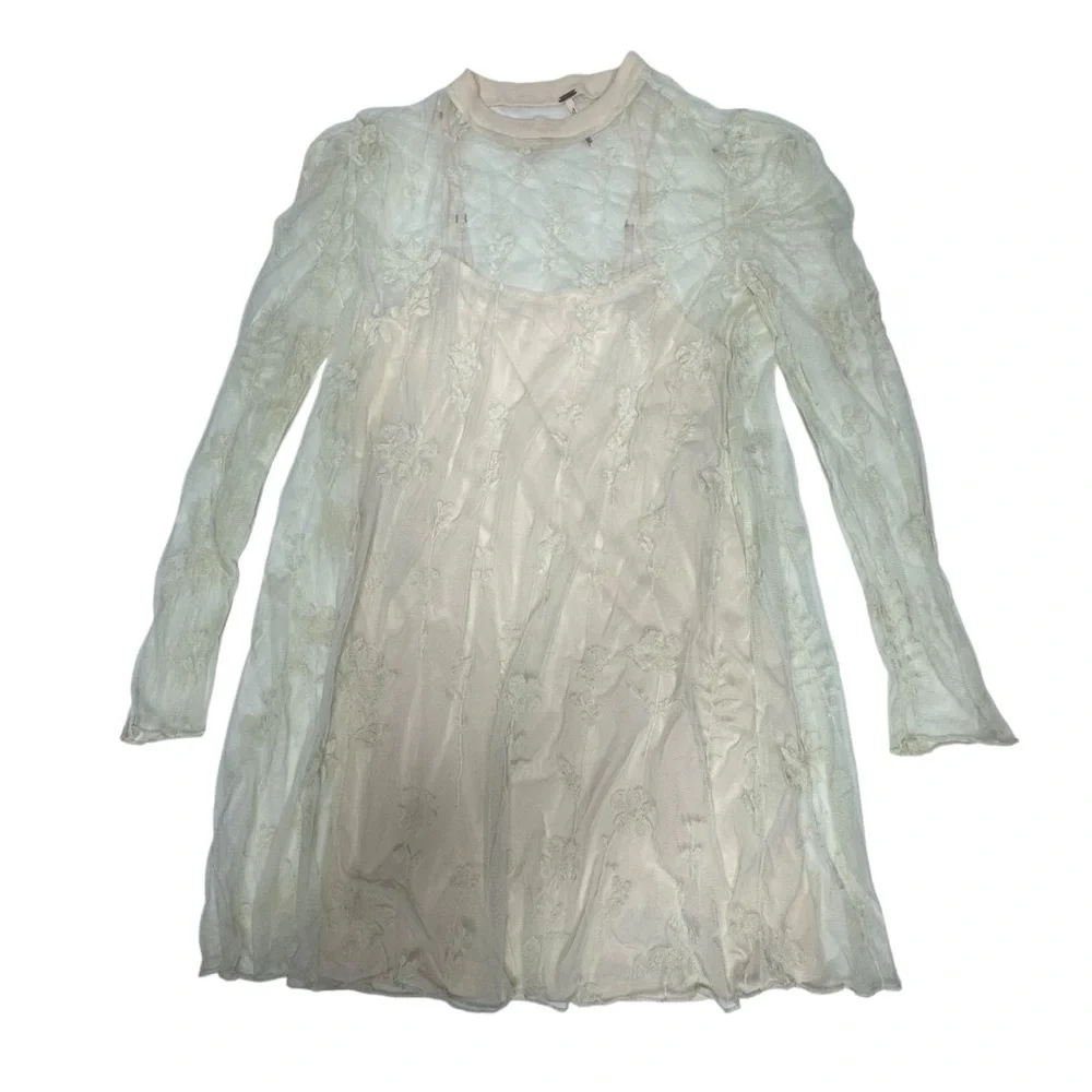 Free People Cecelia Sheer Lace Mini Dress pale pink/ ivory small - Picture 6 of 13